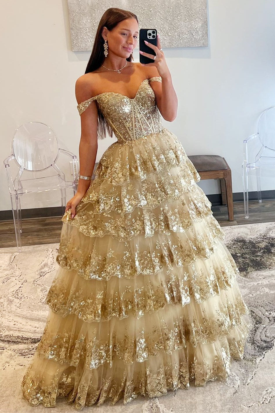 Dressime Off-the-Shoulder Ruffle Multi-Tiered Long Prom Dress dressime