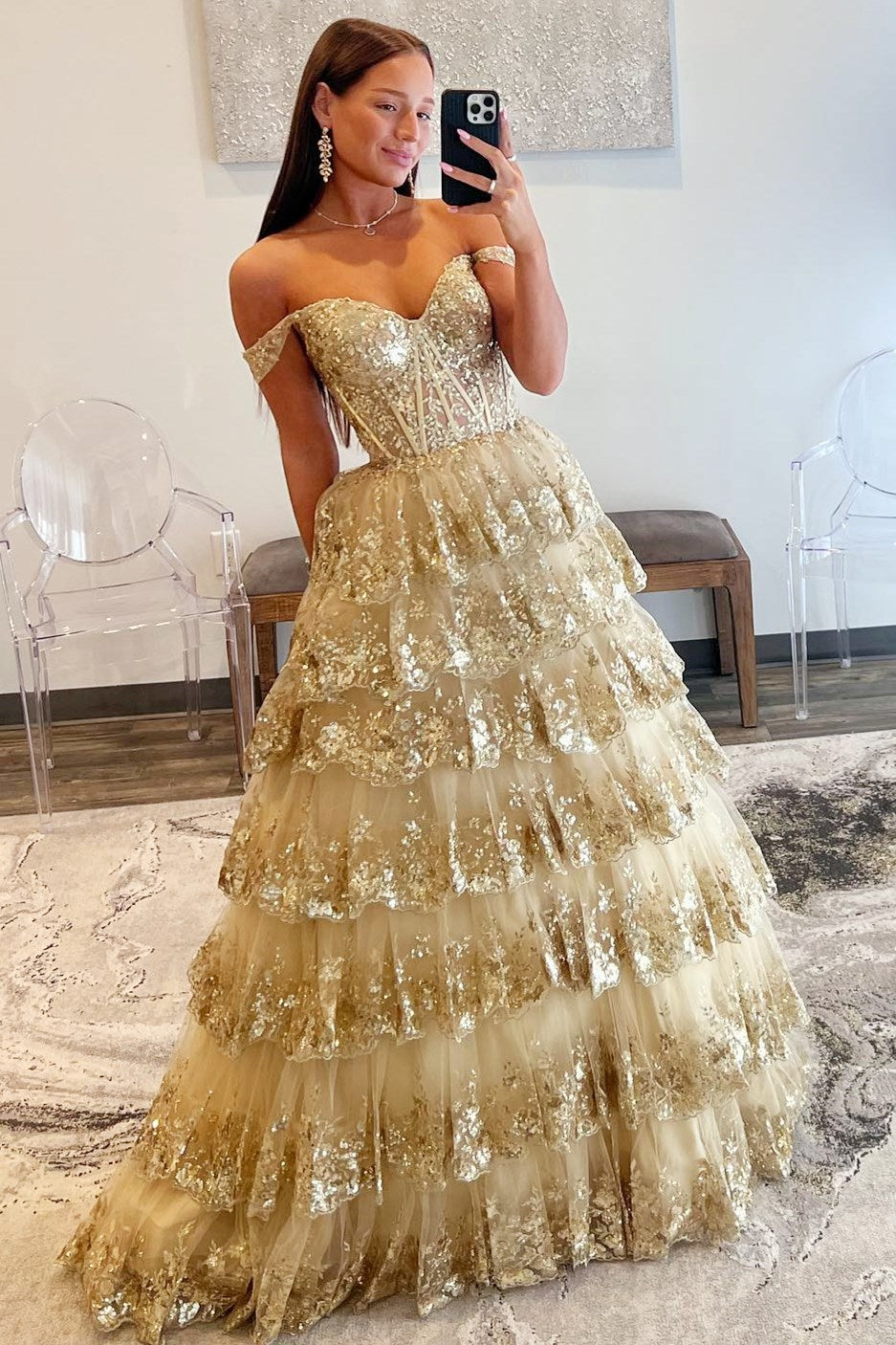 Dressime Off-the-Shoulder Ruffle Multi-Tiered Long Prom Dress dressime