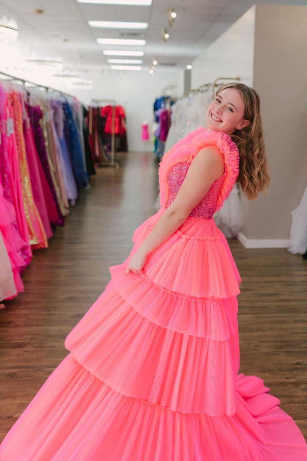 Dressime Princess A Line V neck Tiered Long Prom Dresses Ruffles dressime