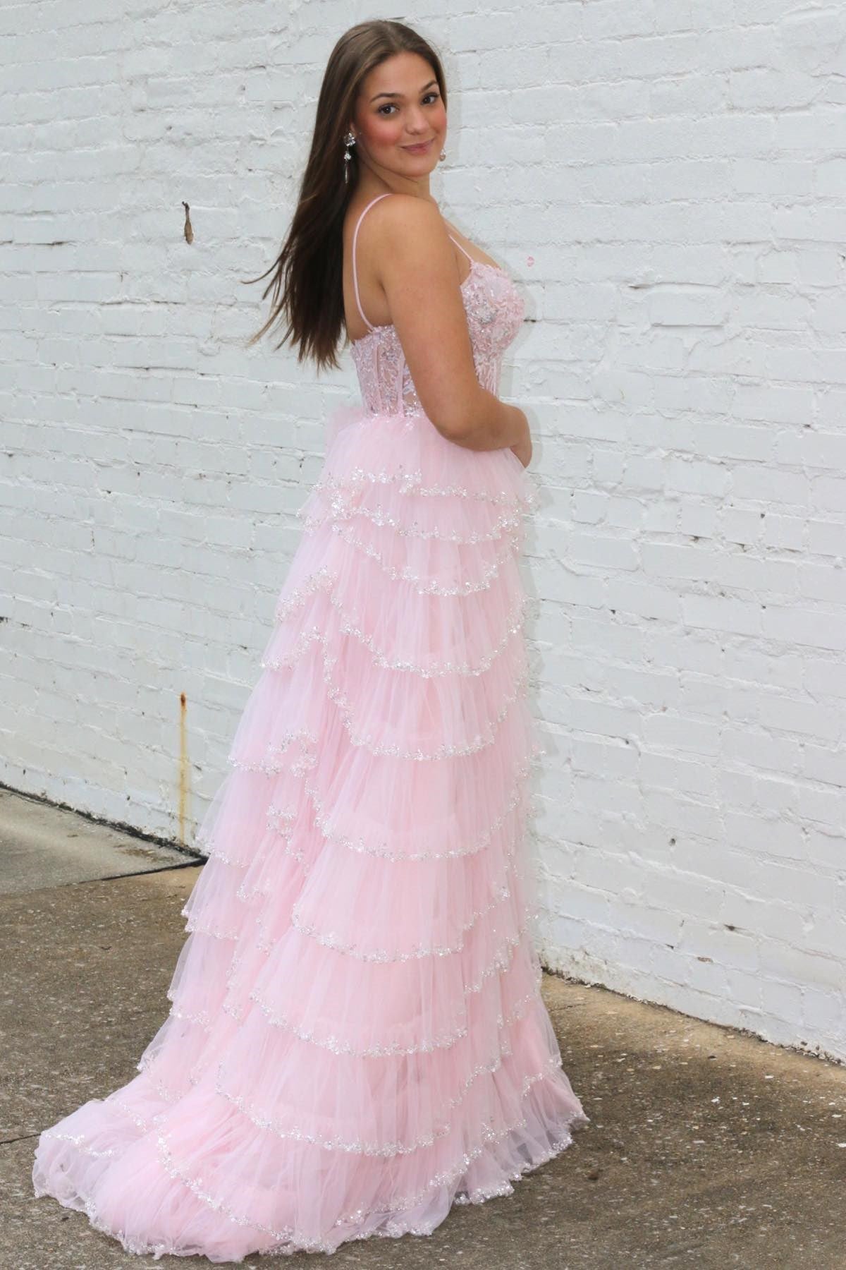 Dressime Sequin Lace Spaghetti Strap Ruffle Tiered Long Prom Dress dressime