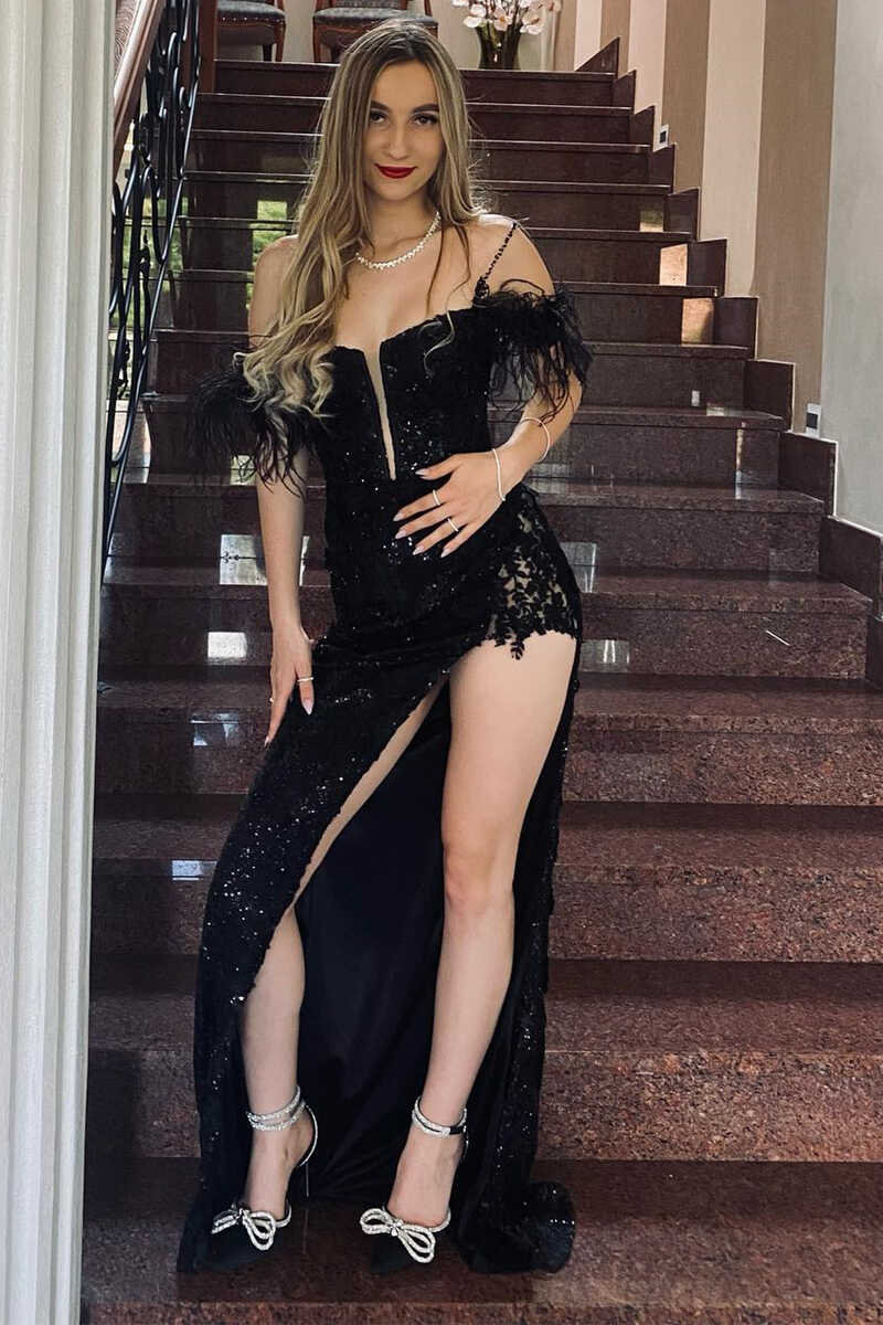 Dressime Sheath Feather Sequin Appliques Cold-Shoulder Long Prom Dress with Slit dressime