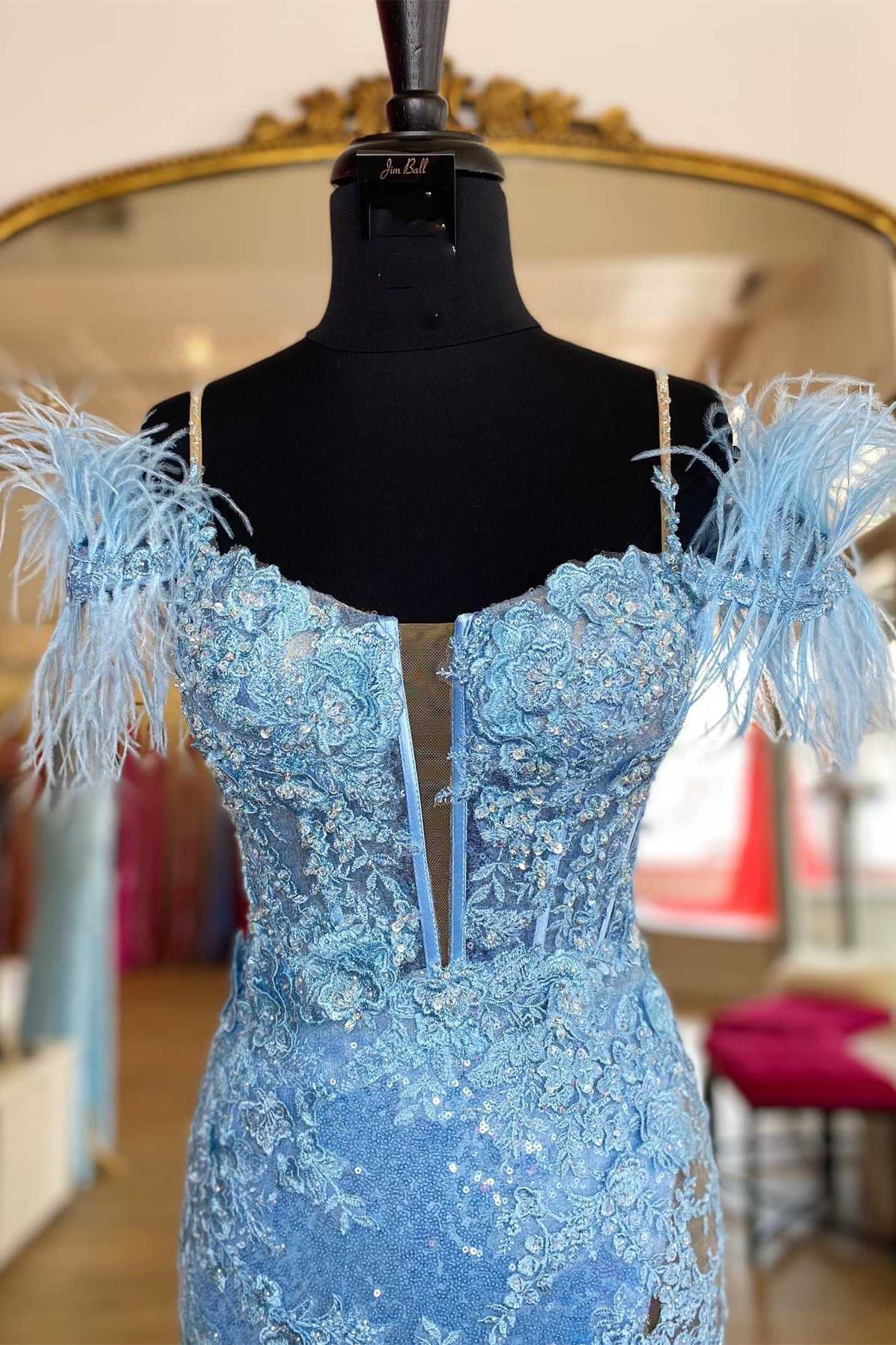 Dressime Sheath Feather Sequin Appliques Cold-Shoulder Long Prom Dress with Slit dressime