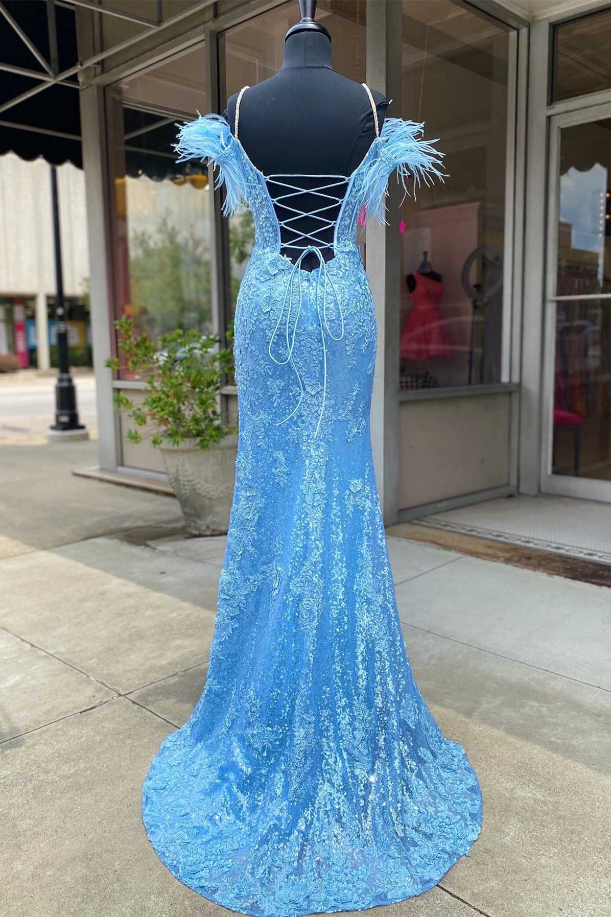 Dressime Sheath Feather Sequin Appliques Cold-Shoulder Long Prom Dress with Slit dressime