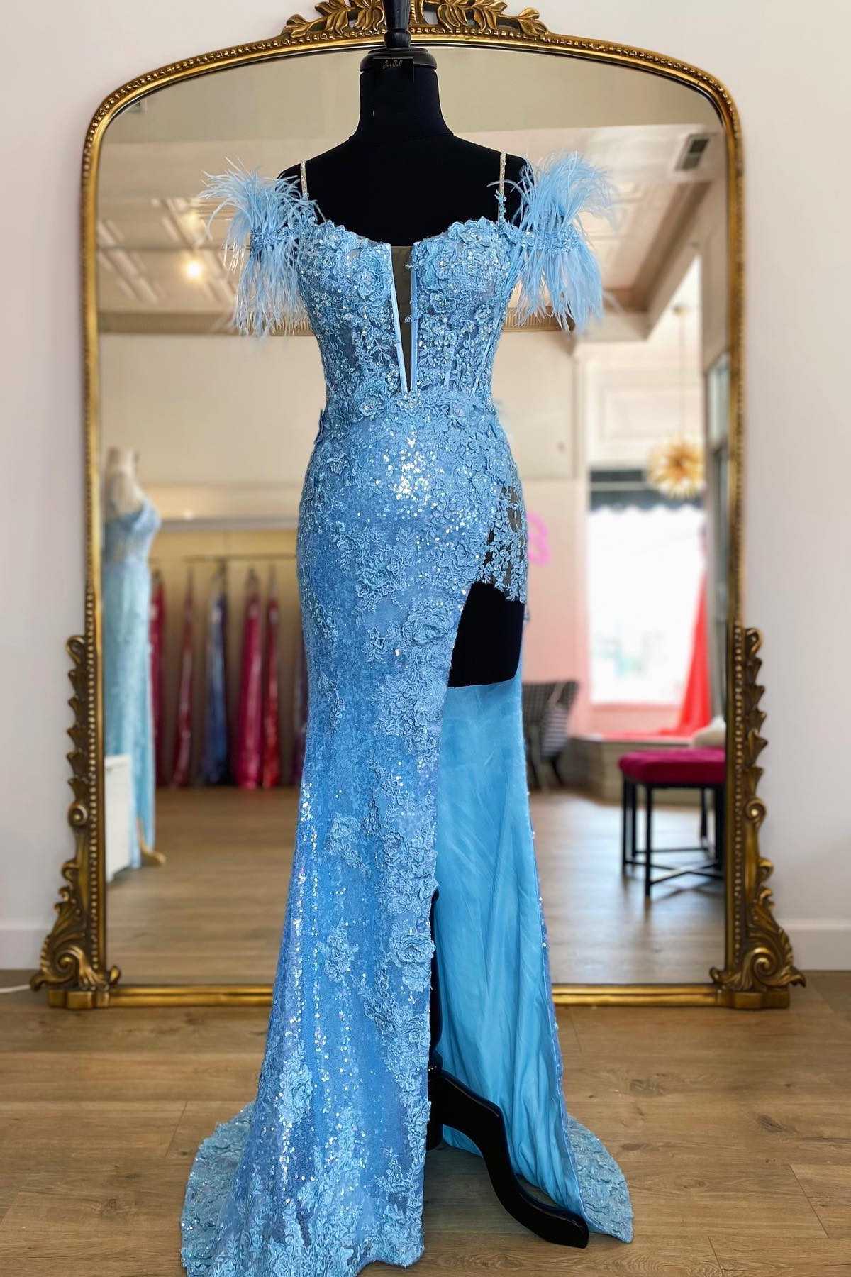 Dressime Sheath Feather Sequin Appliques Cold-Shoulder Long Prom Dress with Slit dressime