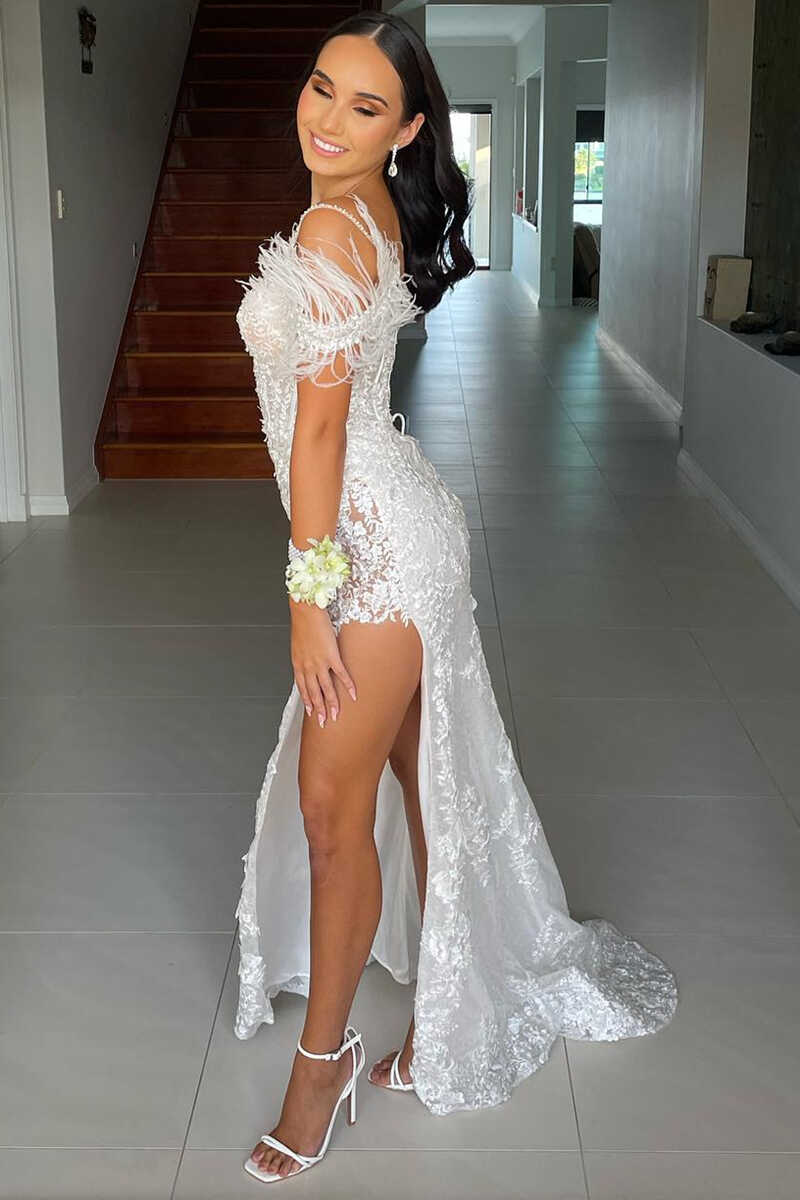 Dressime Sheath Feather Sequin Appliques Cold-Shoulder Long Prom Dress with Slit dressime