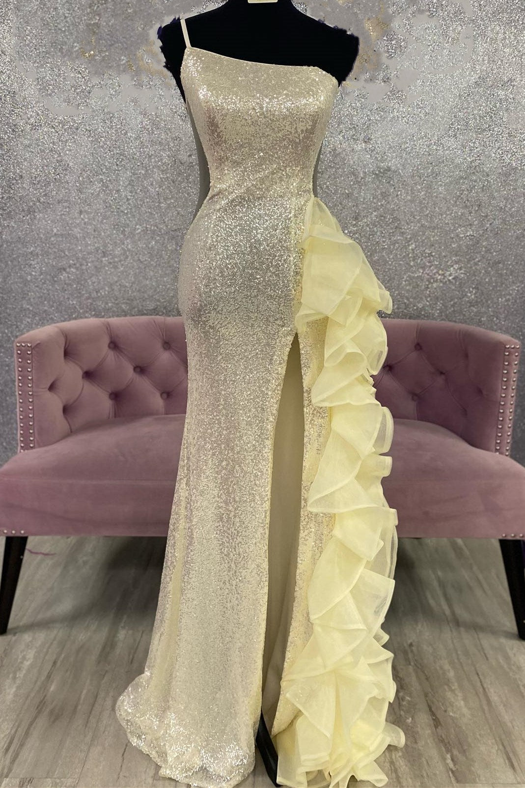 Dressime Sheath Sequin Mesh One-Shoulder Ruffle Long Prom Dress with Slit dressime