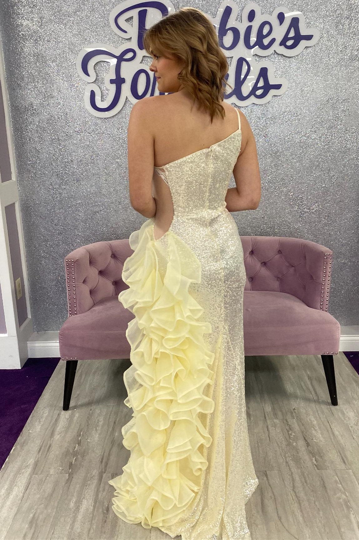 Dressime Sheath Sequin Mesh One-Shoulder Ruffle Long Prom Dress with Slit dressime