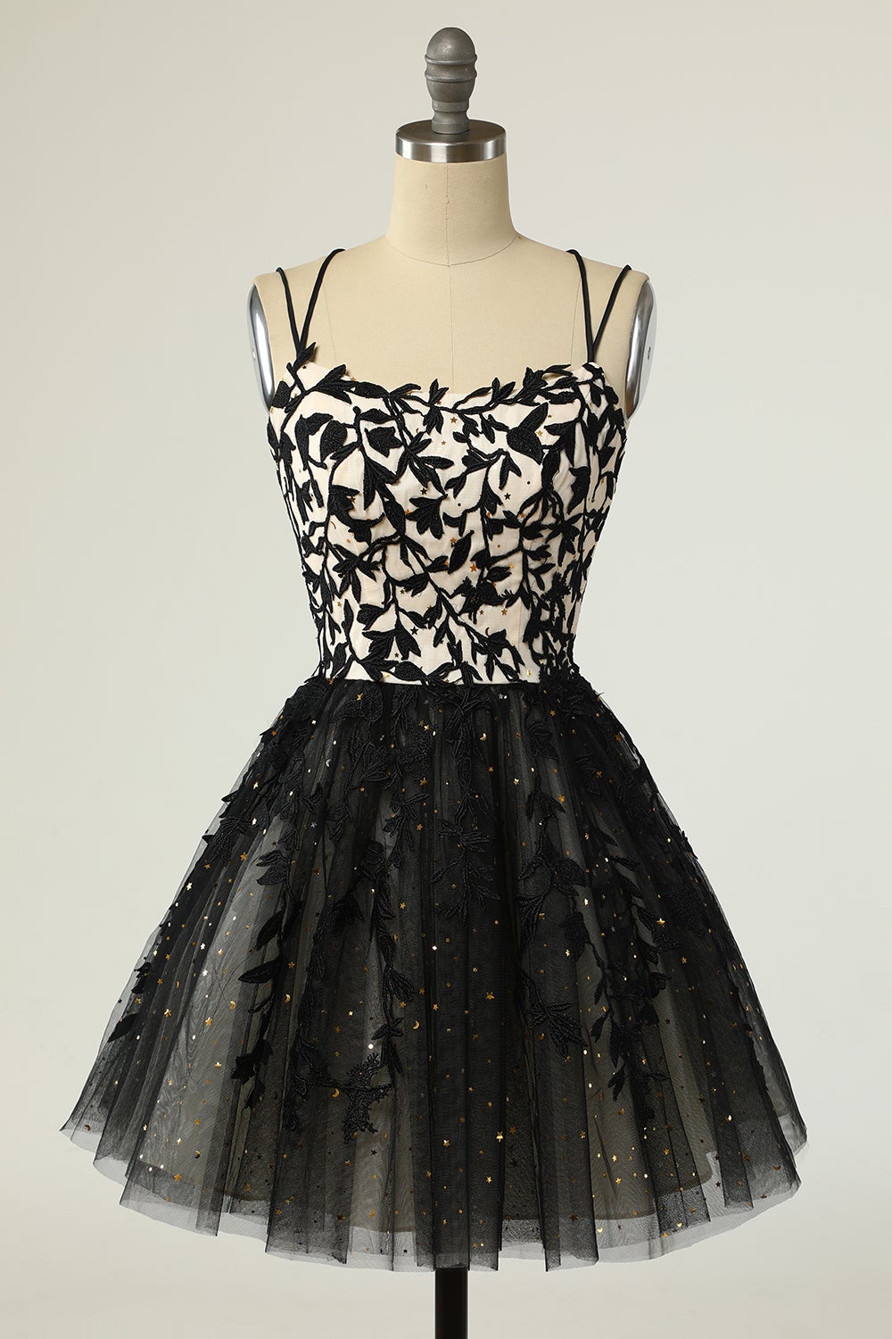 Dressime Spaghetti Strap Black Smple Lace Cheap Sexy Homecoming Prom Dress dressime