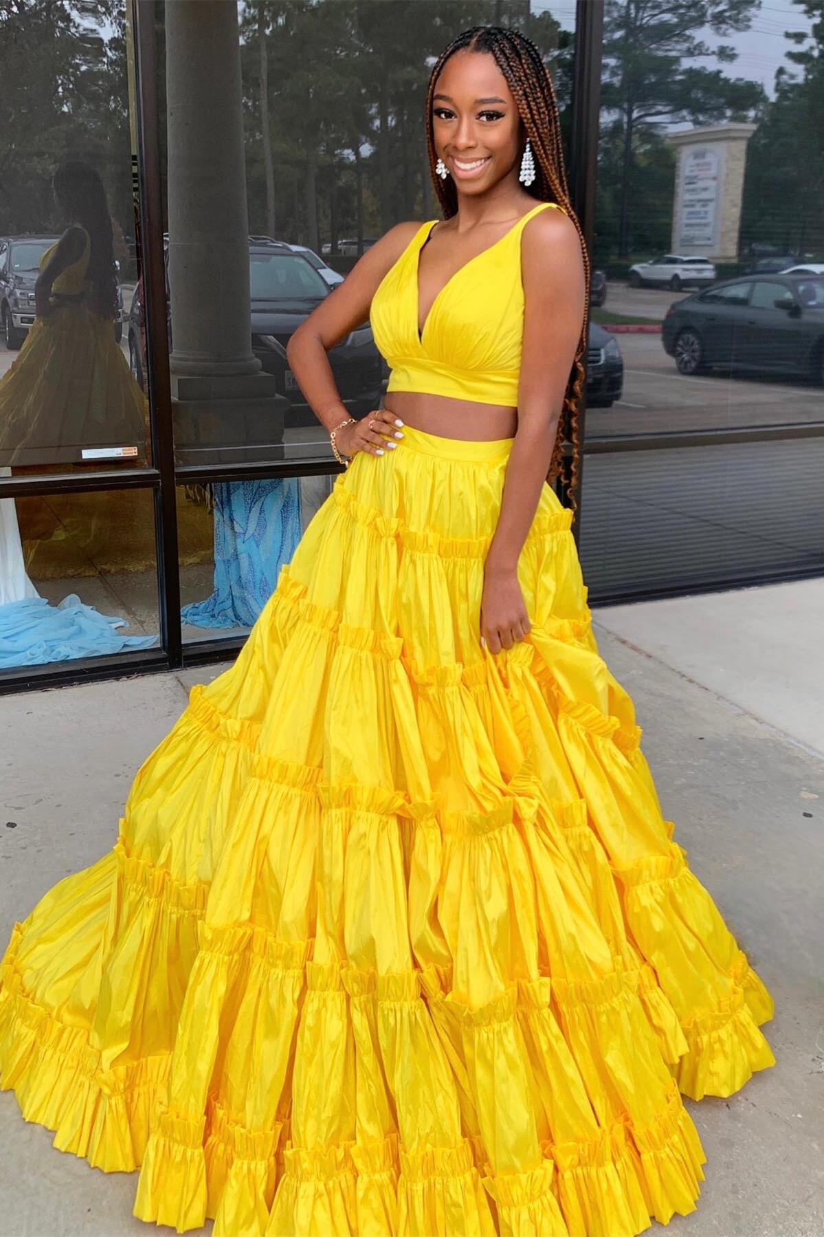 two piece prom dresses yellow Two-Piece Yellow Prom Dress: A-Line, V-Neck, Backless with Slit, Short Homecoming
