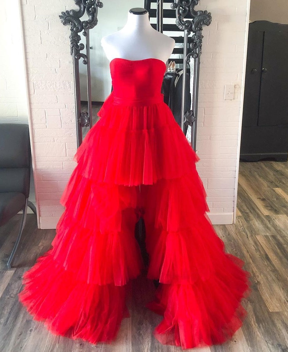 Dressime Unique Asymmetrical High Low Tiered Strapless Prom Dress with Ruffles dressime