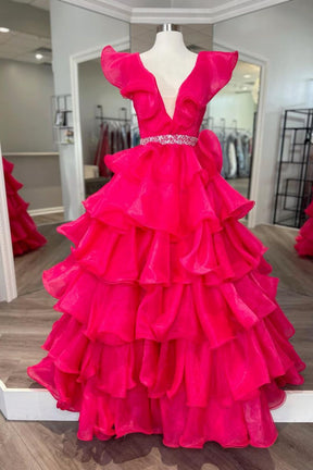 Dressime Ruffle Multi-Tiered A-Line V Neck Long Prom Dress