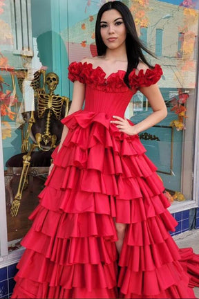 Dressime A Line Ruffle Off the Shoulder Tiered Long Prom Dresse With Slit