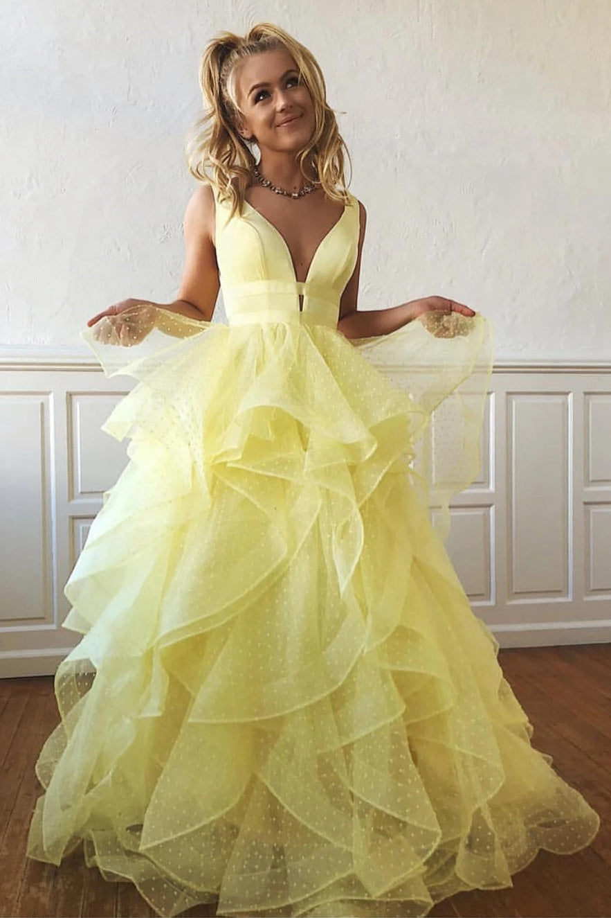 Dressime A Line V Neck Tulle Tiered Long Prom Dress