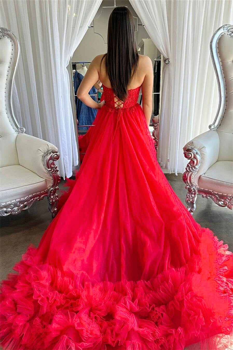 Dressime Ball Gown Sweetheart Ruffled Tulle Long Prom Dress