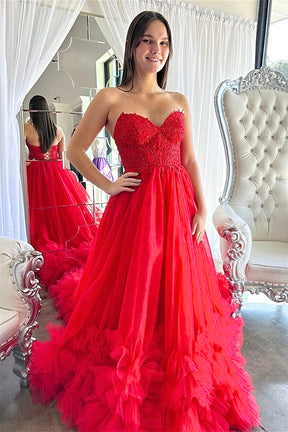 Dressime Ball Gown Sweetheart Ruffled Tulle Long Prom Dress