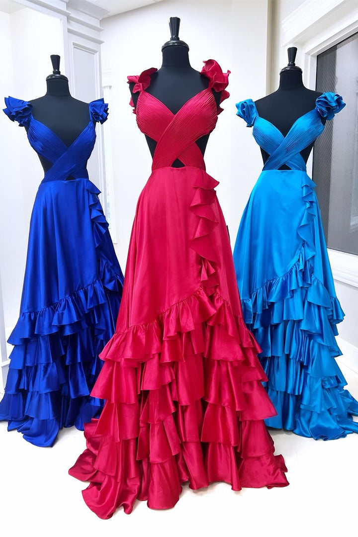 Dressime A Line Ruffled Straps Pleated Tiered Long Prom Dress