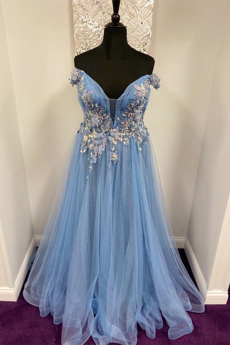 Dressime A Line Off The Shoulder Tulle Appliques Lonng Prom Dresses With Flower