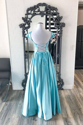 Dressime A Line Square Satin Beaded Long Prom Dress With Pocket