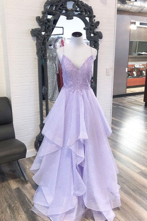 Dressime Asymmetrical A Line Spaghetti Straps Tulle Lace Ruffled Prom Dress