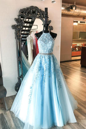Dressime A Line Halter Tulle Long Prom Dress With Appliques