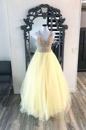 Dressime A Line V Neck Tulle Prom Dress With Beaded