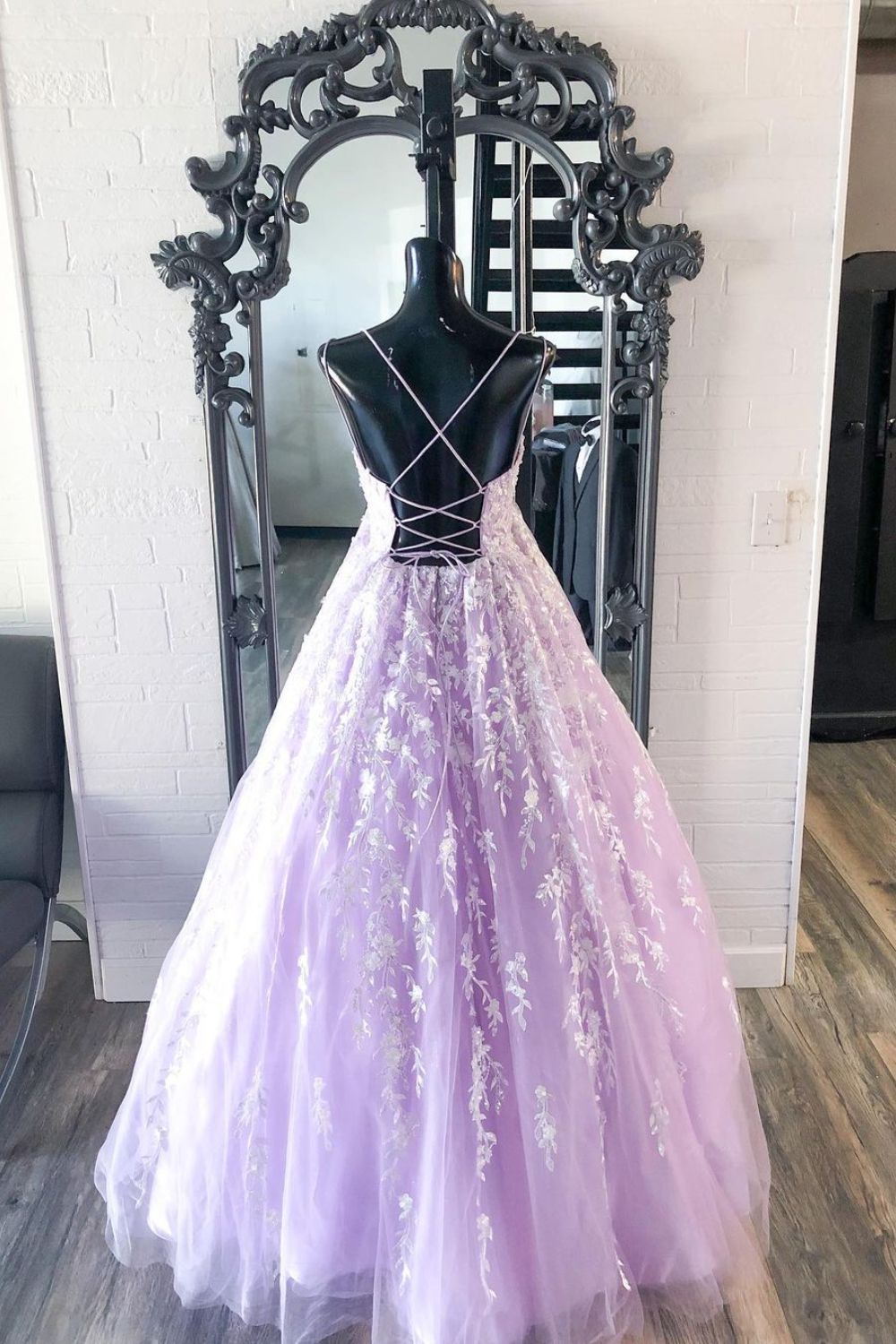 Dressime A Line Spaghetti Straps Tulle Prom Dress With Appliques