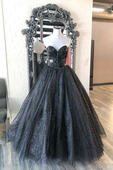 Dressime Ball Gown Strapless Tulle Long Prom Dress With Glass Mirror