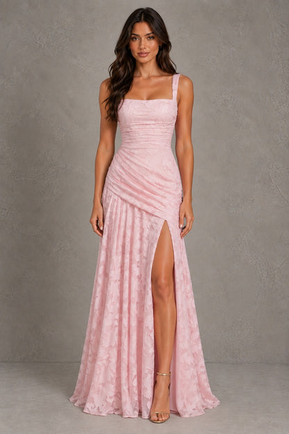 Dressime A Line Square Neck Floral Burnout Pleated Long Bridesmaid Dresses With Slit