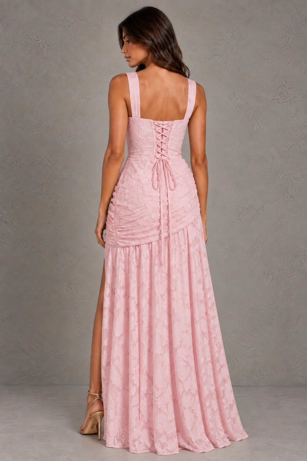 Dressime A Line Square Neck Floral Burnout Pleated Long Bridesmaid Dresses With Slit