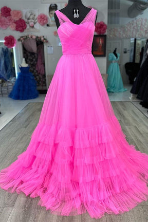 Dressime A Line Cross Tulle Tiered Long Prom Dress