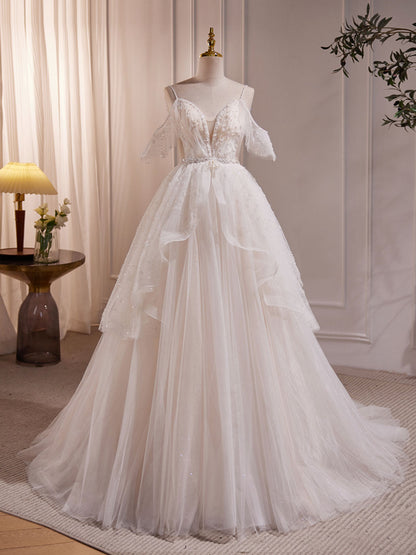 Dressime A Line V Neck Tulle Beading Long Party Dress