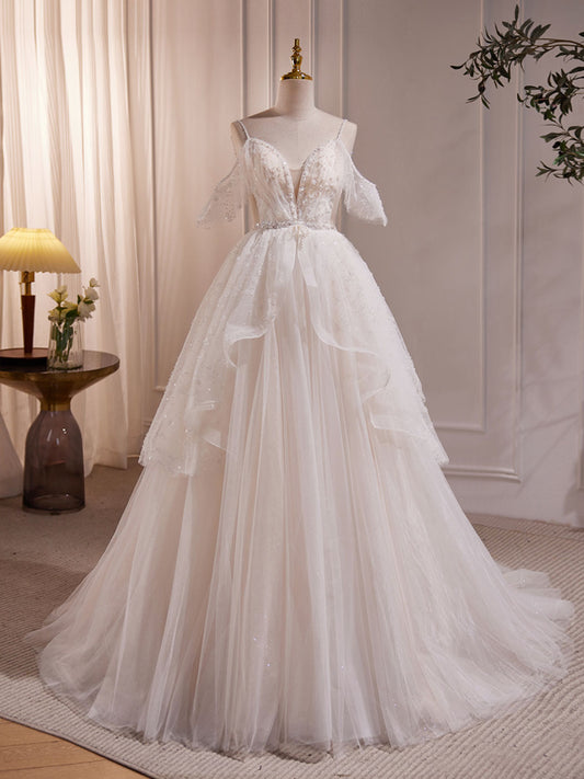 Dressime A Line V Neck Tulle Beading Long Party Dress
