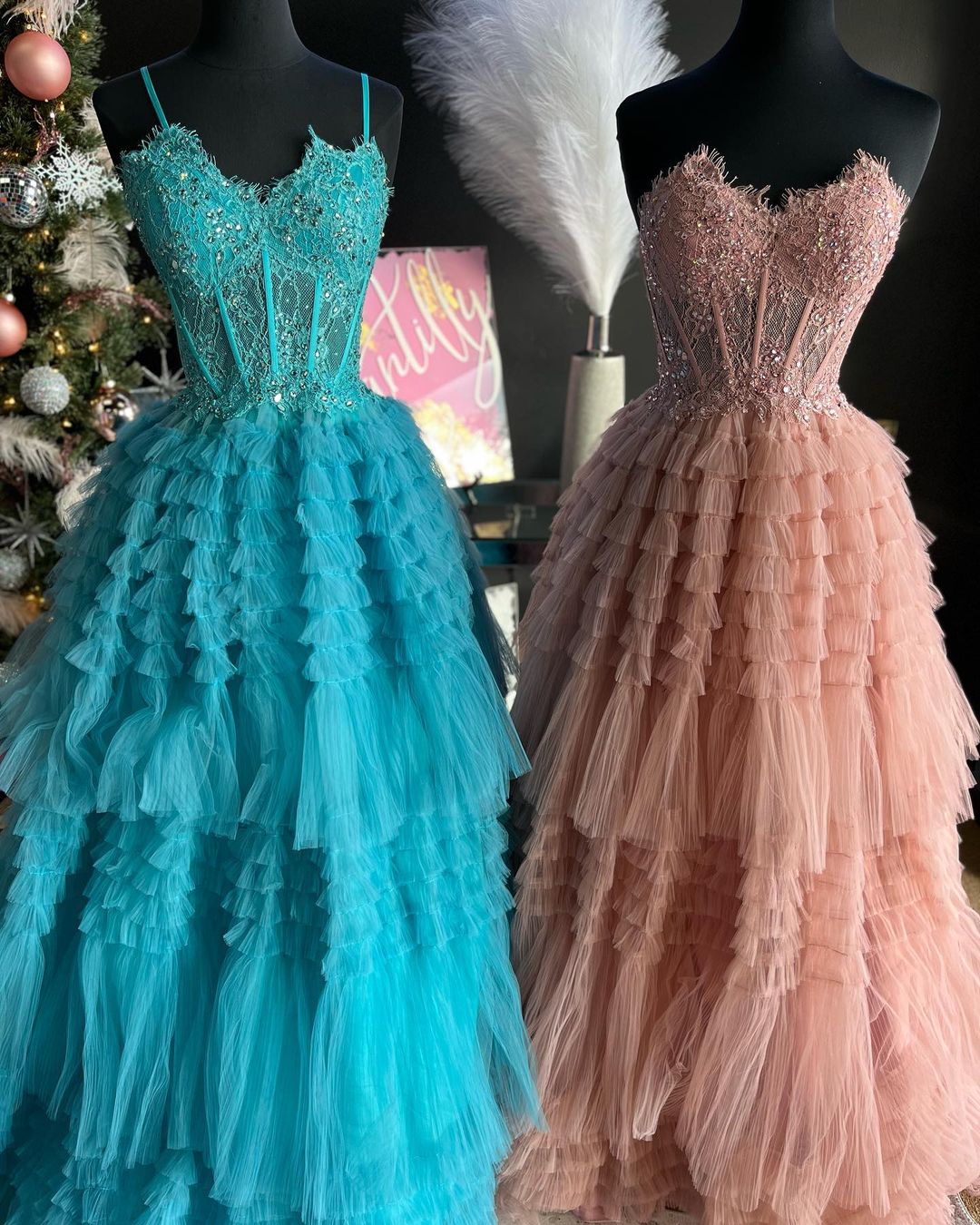 Dressime Ball Gown Sweetheart Tulle Tiered Tulle Long Prom Dresses