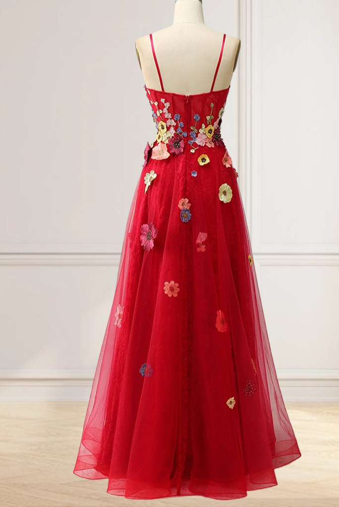 Dressime Charming A Line Tulle Floor Length Prom Dresses with Appliques Long Evening Dresses