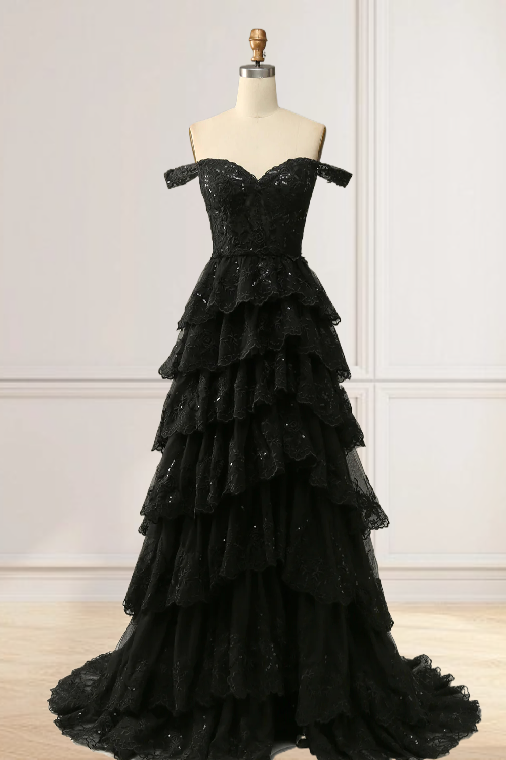 Dressime A Line Off-the-Shoulder Tulle Appliques Tiered Ruffle Long Prom Dress