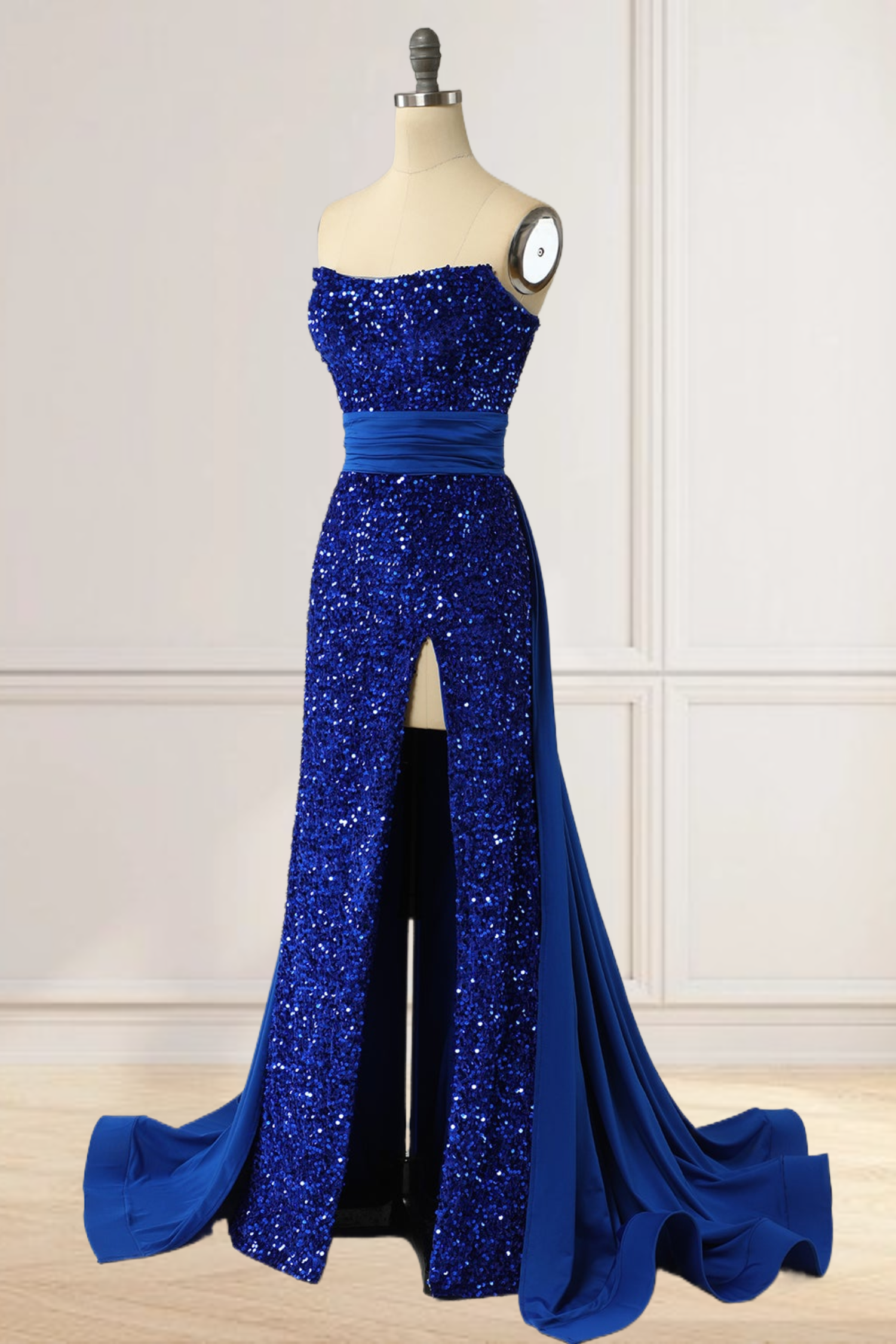 Dressime Mermaid Strapless Sequin Slit Long Prom Evening Dress With Train