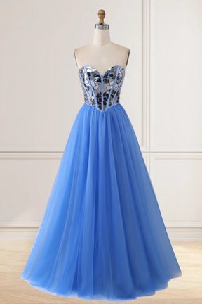 Dressime A Line Sweetheart Tulle Long Prom Dress with Broken Mirrors