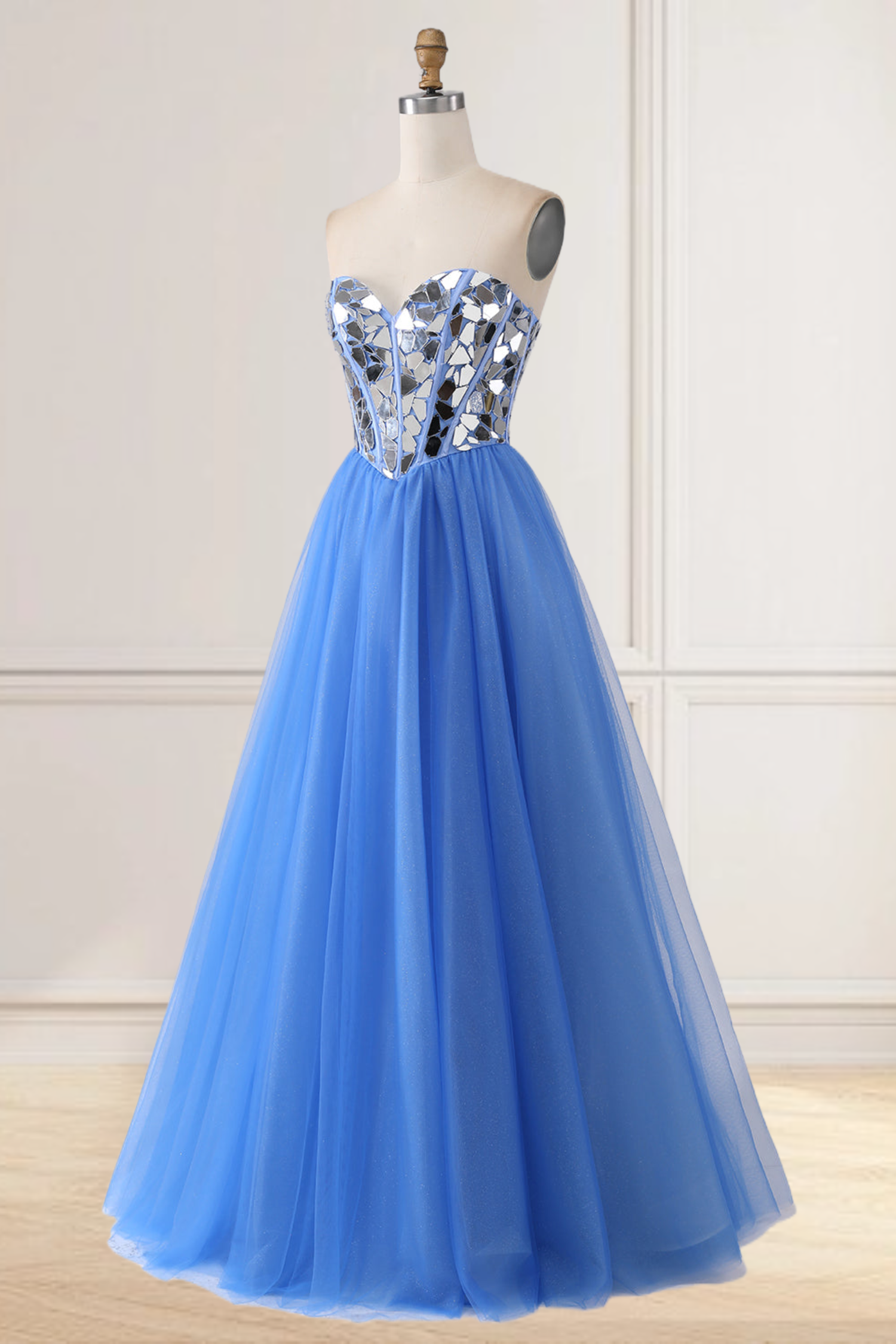 Dressime A Line Sweetheart Tulle Long Prom Dress with Broken Mirrors