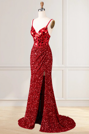 Dressime Glitter Mermaid Spaghetti Straps Sequins Slit Long Prom Dresses With Glass Mirror