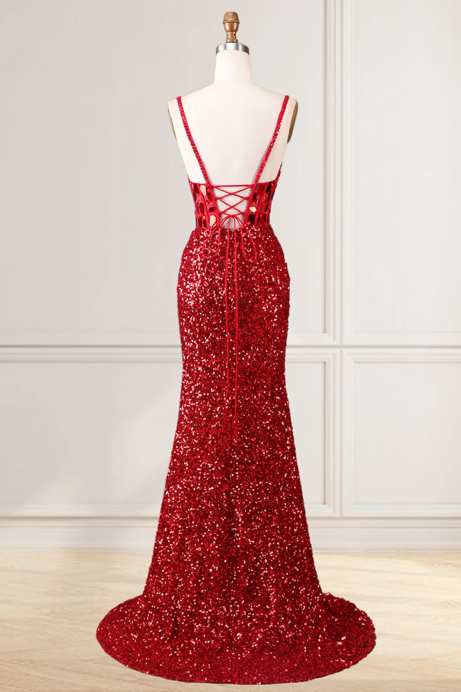 Dressime Glitter Mermaid Spaghetti Straps Sequins Slit Long Prom Dresses With Glass Mirror