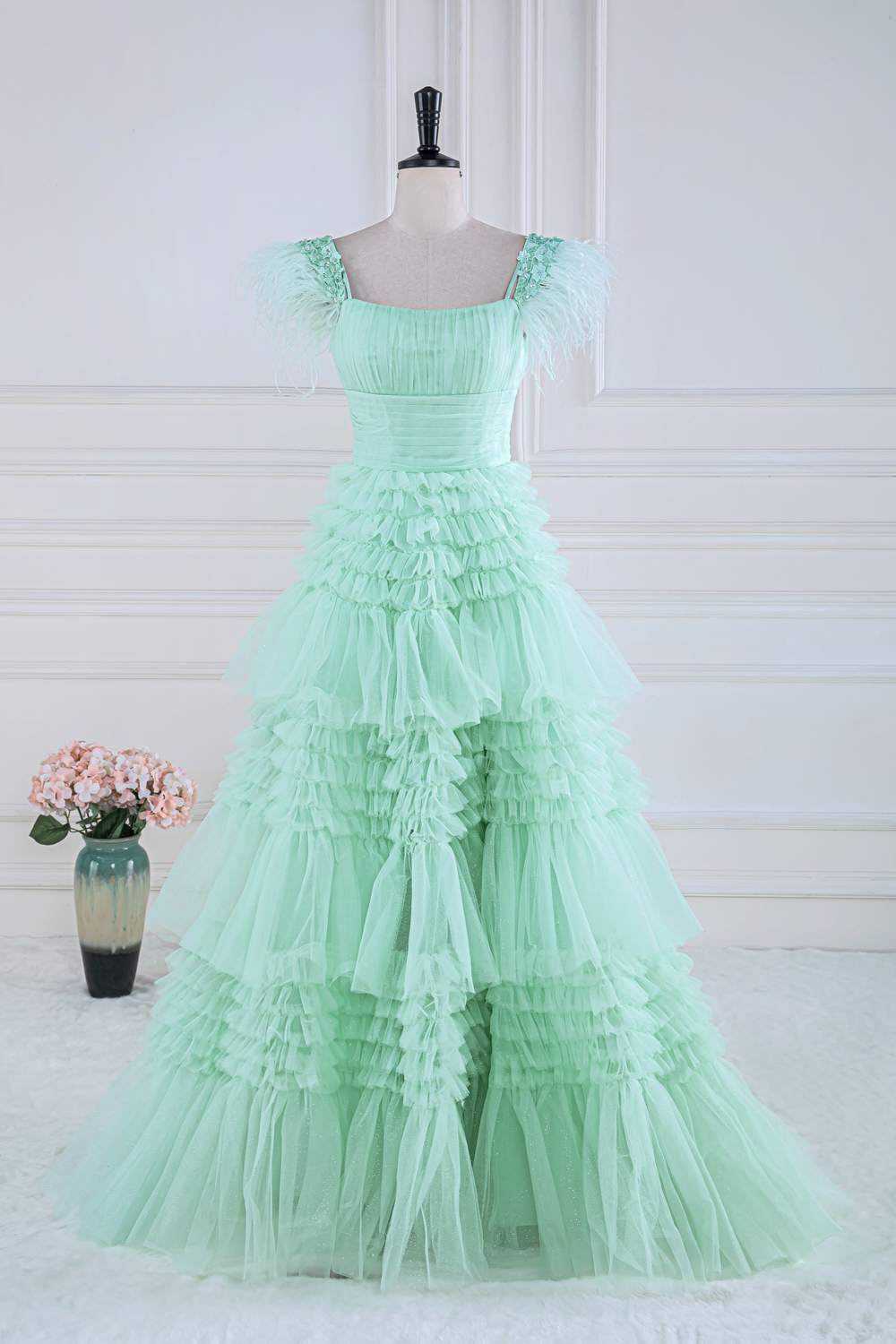 Dressime A Line Off the Shoulder Tulle Tiered Long Prom Dress with Feathers