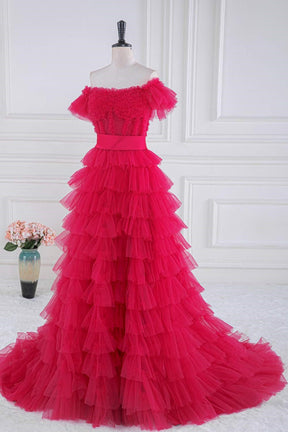 Dressime A  Line Off the Shoulder Ruffle Tiered Tulle Prom Dress with Slit