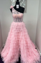 Dressime Ball Gown Lace One Shoulder Multi-Tiered Prom Dresses with Ruffles