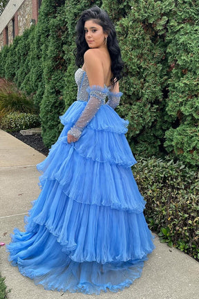 Dressime Strapless Tiered Long Prom Dress with Pleated Ruffle Skirt and Removable Pearl Sleeves