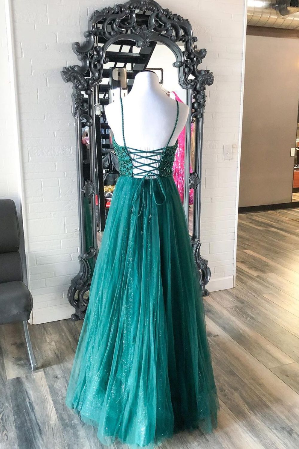 Dressime A Line Spaghetti Straps Tulle Prom Dress With Beaded