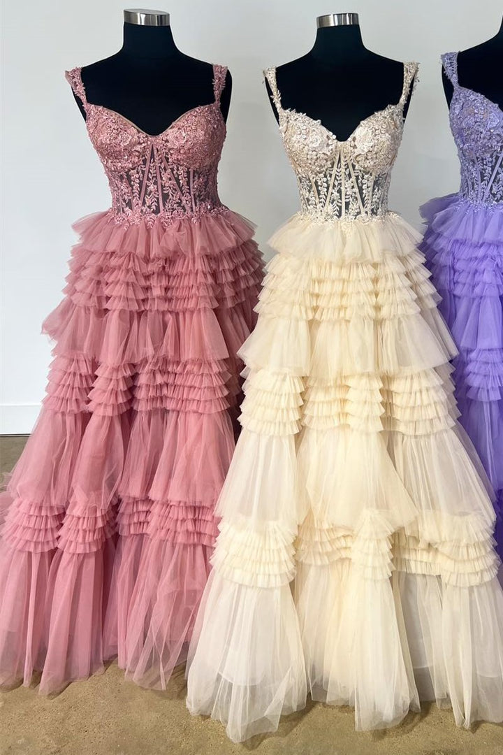 Dressime A Line Tulle Off-the-Shoulder Ruffle Tiered Long Prom Dress
