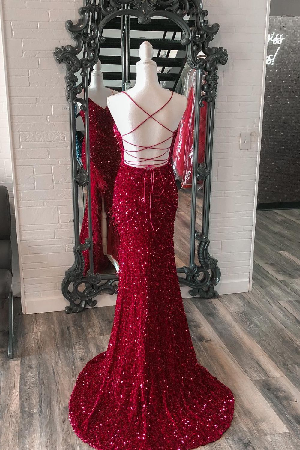 Dressime Mermaid Spaghetti Straps Sequin Slit Long Prom Dress with Feather
