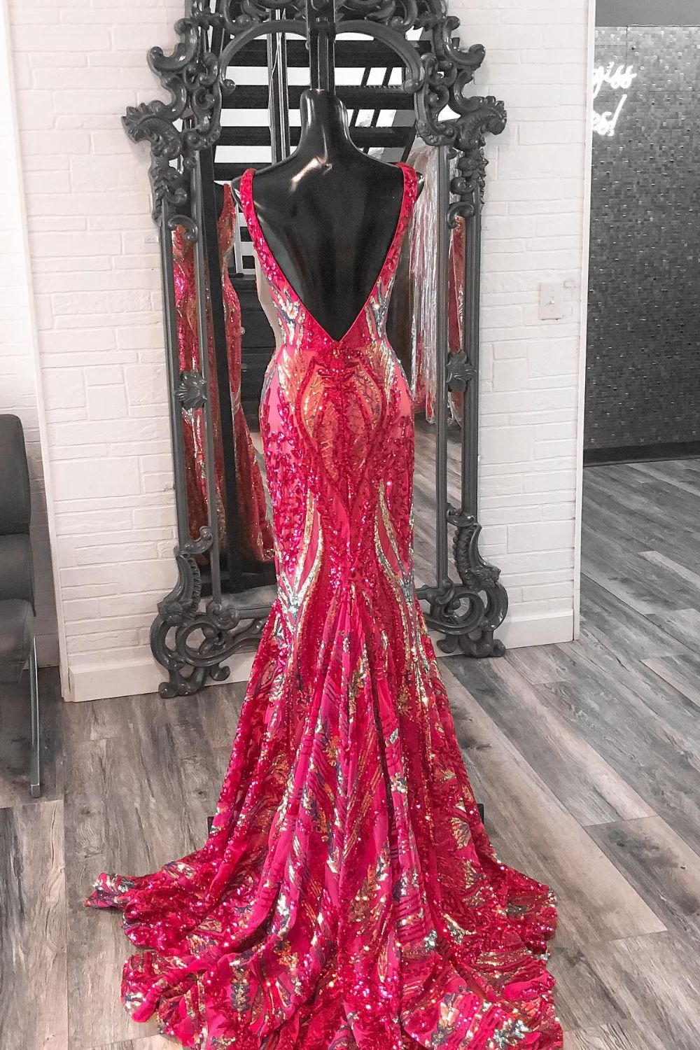 Dressime Mermaid Sequin Lace V Neck Long Prom Dress