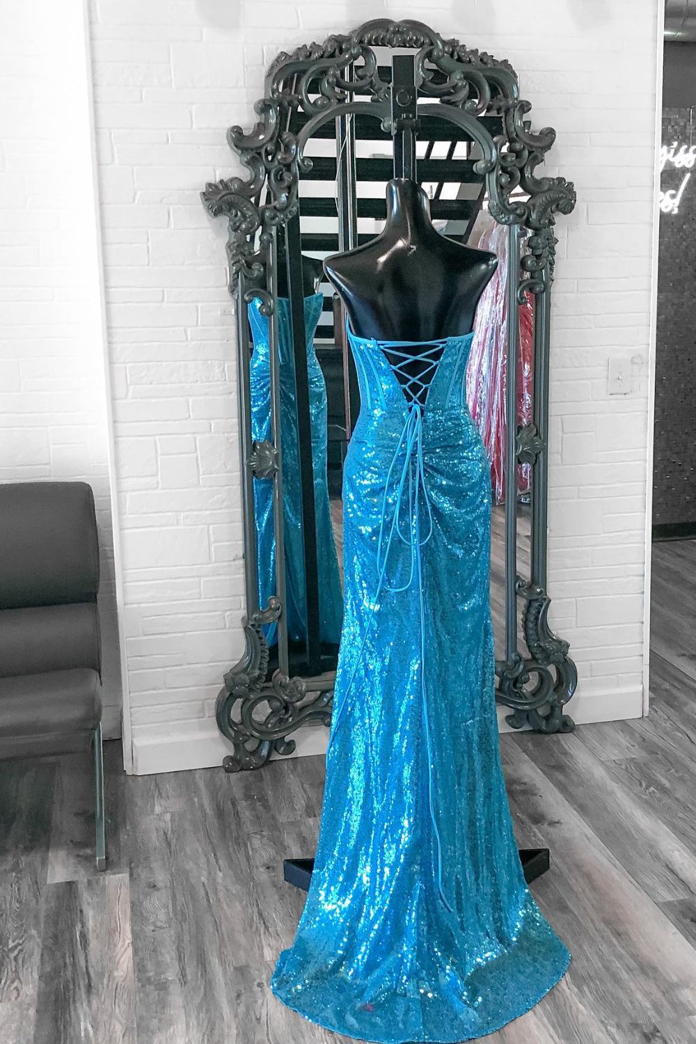 Dressime Mermaid Strapless Sequin Slit Long Prom Dress With Appliques