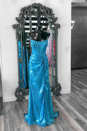 Dressime Mermaid Strapless Sequin Slit Long Prom Dress With Appliques